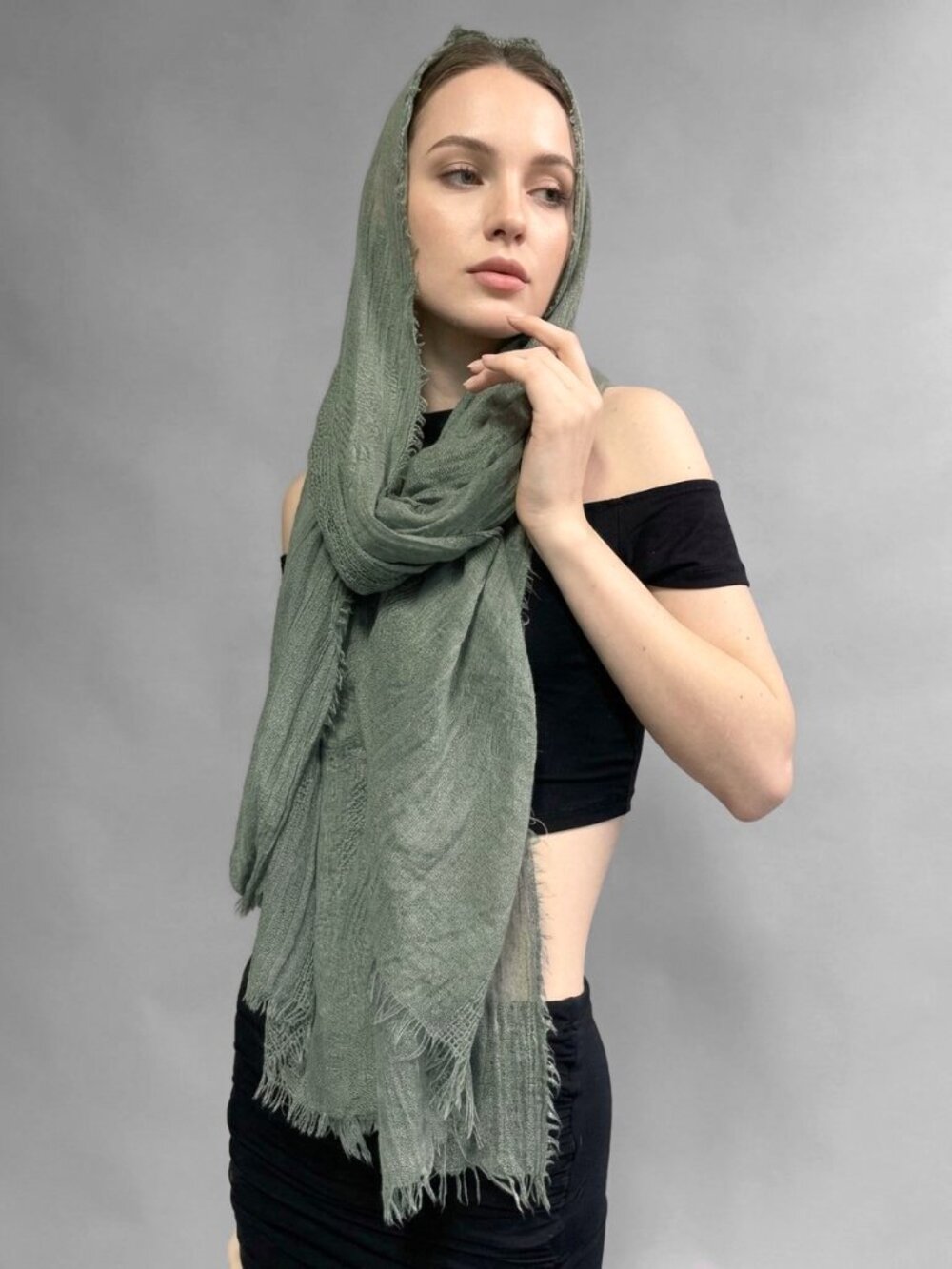 Sage Green Lightweight Crinkle Fringe Scarf Boho Gauze Shawl Wrap